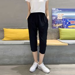 Spring and Summer Cropped Print Elastic Waist Casual Pants TROUSERS Women Baggy Black Cargo Femme Harem LADY Q0801