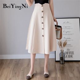 Beiyingni High Waist Elegant Swing A Line Skirt Women Solid Colour Black Work Wear Office Ladies Skirts Single-breasted Vintage 210310