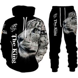 Ferocious Leopard 3D Printed Hoodie + Pants Black Tracksuit Men Women Sweatshirts Two Piece Sets Long Sleeve Men's Clothing Suit G1217