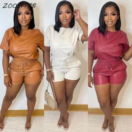 Women's Tracksuits ZOOEFFBB Pu Leather Two Piece Set Short Sleeve Tops Lace Up Biker Shorts Sexy Club Outfits For Women Y2k Clothing Matchin