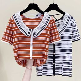 summer Short sleeve Cashmere Stripe sweater women's loose V-Neck knit bottoming shirt female pullover tops plus size 210604