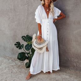 2021 Women White Maxi Dress Backless Deep V Neck Ruffle Single Breasted Belted Sexy Summer Long Vacation Beach Dress X0521