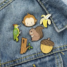 Cartoons Animal Fruit Enamel Pin Monkey Squirrel Bird Pine Cones Banana Tree Brooch Clothes Collar Backpack Decoration Jewellery Badge Gifts