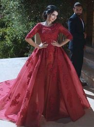 2021 A Line Burgundy Bridal Gowns Lace Gothic Muslim Wedding Dresses Short Sleeves With Wrap Tiered Skirts
