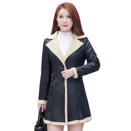 Leather Coat Women Spring Fashion Slim Black Khaki Plus Size Add Velvet Thick Mom Long Sleeve PU Jacket Feminina LR1025 210531