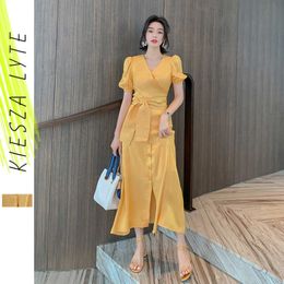 Satin Party Dress Summer Yellow High Waist Lantern Short Sleeve Sashes V Neck Dresses 210608