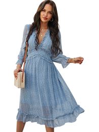 5color Women Chiffon Long Dress Floral Print Lantern Sleeve A-line Maxi Vestidos Autumn New Elegant Vintage V Neck Winter Dresses 030405