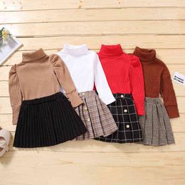 Pudcoco 18M-6Y 2Pcs Autumn Fashion Kids Girls Clothes Sets Solid Knit Long Sleeve Turtleneck Sweater Tops Plaid Skirts G220217