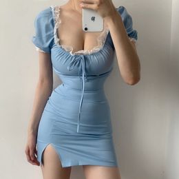 Summer Puff Sleeve Vintage Dresses Fashion Casaul Blue Off Shoulder Mini Dress Women Clothes Slom Sexy Short Bodycon Wear