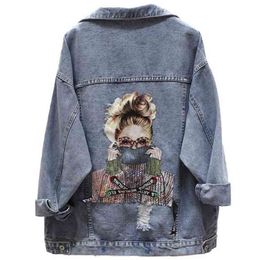 Women Denim Jacket Fashion Streetwear Letter Stylish Chic Printed Ripped Holes Jean Patchwork BF Style Jeans Female Coat 210922