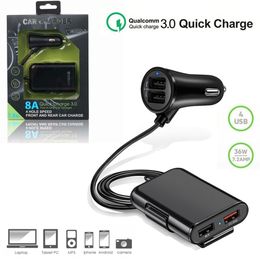 Car Charger 4USB Splitter Cigarette Lighter Socket QC 3.0 Phone Charging Power Adapter For Seat Back Charge Auto Electronics with retail box