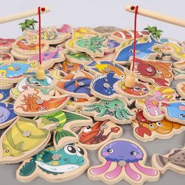 Magnetic Fishing Game Cartoon Marine Life Cognition Fish Rod Early Education Parent-Child Interactive Wooden Toys For Children