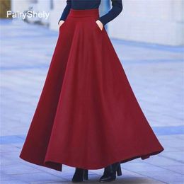 FairyShely Autumn Winter Retro High Waist Pleated Skirt Women Casual Pocket Woollen Maxi Skirt female Flare Red Long skirt 210310