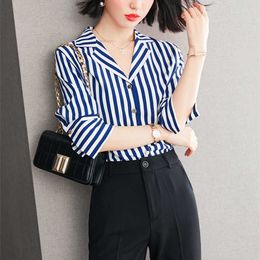 Summer Womens Shirts Blue Striped Female Top V-Neck Short Chiffon for OL -blouses 210604