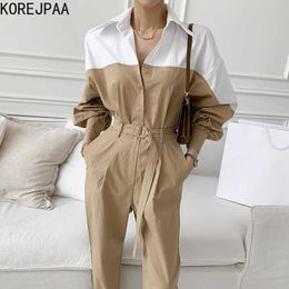 Korejpaa Women Jumpsuit Summer Korea Chic Female Temperament Lapel Colour Matching Single-Breasted Straight Casual Jumpsuits 210526