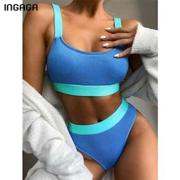 INGAGA High Waist Bikinis Swimsuits Bandeau Swimwear Women Splicing Biquini Beachwear Sports Ribbed Bathing Suits 210630