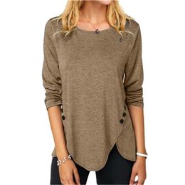 Women Round Neck Long Sleeves T-Shirt Solid Colour Loose Plus Size Cotton Irregular Pullover Women's Y2K Tops Vintage Clothes 211110