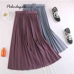 Summer Women Fashion elegant Retro pleated skirts female High waist skirt with Belt Chiffon Pleated midi long womens 210621
