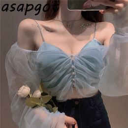 Sexy Pleated Blue Mesh V Neck Puff Long Sleeve Women Blouses Thin Short Tops New Wild Korean Chic Sunscreen Shirts Fashion Slim 210225