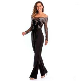 Women's Jumpsuits & Rompers Apperloth Slash Neck Long Jumpsuit 2021 Women Sequin High Waist Sleeve Black Mesh Trouser Elegant Lady Loose Pan