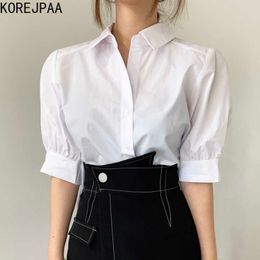 Korejpaa Women Shirt Summer Korea Fashion Simple Chic Solid Colour Lapel Back Pleated Hem Loose Short Sleeve Blouses Top 210526