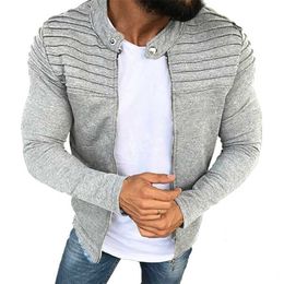 Sports Casual Men Jacket Men's Autumn Pleats Slim Stripe Fit Zipper Long Sleeve Coat Cardigan 211008