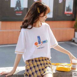 T Shirt Female summer short sleeve cotton loose student Ins trend casual half dress C 210623