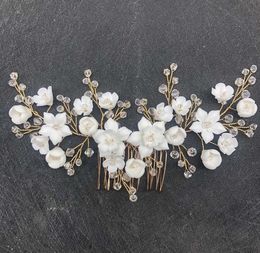 Wedding Bridal White Flower Hair Comb Beads Crown Tiara Crystal Rhinestone Headpiece Korean Ceramic Headband Head Accessories Jewellery Headdress Ornament Fashion