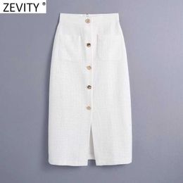 Zevity Women Vintage Pocket Patch Breasted Tweed Woollen Split Slim Skirt Faldas Mujer Ladies Back Zipper Chic Vestido QUN789 210603