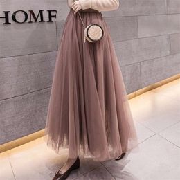 Summer Tulle Skirts Womens Midi Pleated Skirts Black Tulle Skirt Women Spring Fashion Elastic High Waist Mesh Tutu Skirts 210311