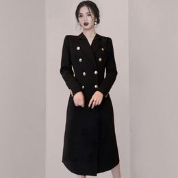 Women's Trench Coats Korean Brand Fashion Double Breasted Office Dress Women Elegant Lapel Slim Simple Mid-Calf Winter A-Line Dresses Vestid