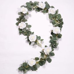 artificial rose garland UK - Decorative Flowers & Wreaths 2m Cross-Border Eucalyptus Leaf Vine Artificial Plant With Fabric Rose Garland For Home Garden Arch Wedding Tab