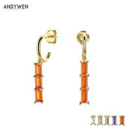 ANDYWEN 925 Sterling Silver Colourful Red Crystal CZ Zircon Hoops Slim Earring Line Long Chain Women Fashion Piercing Jewellery 210608