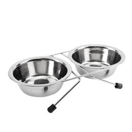 New-Stainless Steel Double Bowl Dog Cat Feeder Elevated Stand Raised Dish Feeding Food Water Pet Y200922