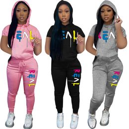 Women Designer Tracksuits Spring Hoody 2 Piece Set Outfits Short Sleeve Hooded Tops Sportswear Jogging Sportsuit Fashion Pantsuit K8636