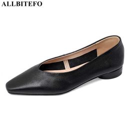 ALLBITEFO high quality full genuine leather low-heeled comfortable office ladies shoes square toe party women heels women shoes 210611