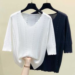M-4XL plus size sexy hollow out women sweater pullover short sleeve v neck Summer kintting T-shirt thin white sweaters 210604