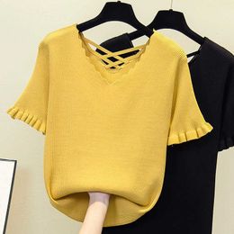 L-4XL plus size women sexy v neck Bandage kint pullover short sleeve solid loose casual thin basic Oversized sweaters jumper 210604