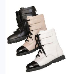 Spring and Autumn Fashion Short-tube Women's Boots Leather Black White Buckle Front Tie Round Toe Dress Casual With Rhinestone