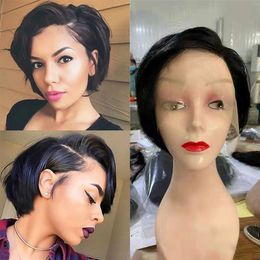 Brazilian Remy Human Hair 13*4*1 T Lace Part Wigs Short Pixie Cut Natural Colour Side Part Straight Wig for Women