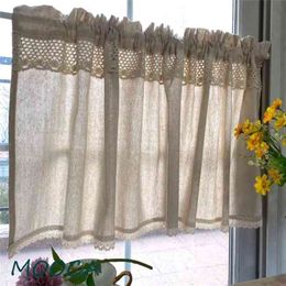 Half Curtain with Crochet Lace Short Kitchen Curtain Cotton Linen Caffee CurtainCabinet Dust-proof Curtain 210712
