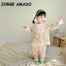 Korean Style Spring Baby Pajamas 2-pcs Sets Lace Collar Yellow Floral Home Suits Sleep Swear Kids Clothes E5038 210610