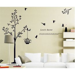 165*150cm(65*59inch) Black tree Bird Cage Vinyl Wall Decals For Living Room/Bedroom Wall Stickers Home Decoration Wallpapers 210308