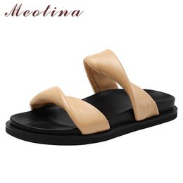 Meotina Slippers Shoes Women Genuine Leather Sandals Flat Narrow Band Slides Square Toe Ladies Footwear Summer Apricot 210608