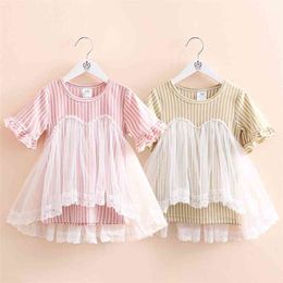 Summer Mesh Dresses 2 3 4 6 8 10 Years Children Stripe Pattern Lace Patchwork Short Sleeve Dress For Kids Baby Girl 210701