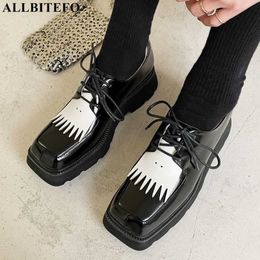 ALLBITEFO tassel design real genuine leather high heels square toe fashion Waterproof women heels shoes street walking shoes 210611