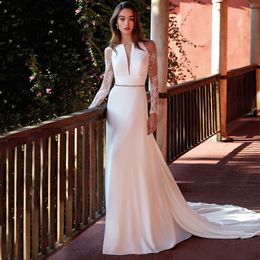 Elegant Lace Sleeve Satin Wedding Dresses Chapel Train Bridal Gown with Belt Custom Made Garden Robe de mariée
