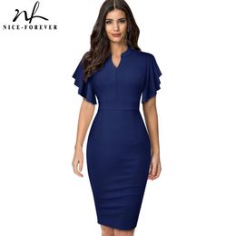 Nice-forever Vintage Solid Color Elegant Office Work vestidos Business Party Bodycon Ruffle Women Pencil Dress B572 210224