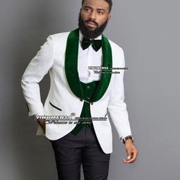 Men's Suits & Blazers 3 Pieces Men White Floral Jacquard Wedding Tuxedos Slim Fit Green Velvet Blazer+Vest+Pants Groomsman Trajes De Hombre