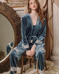 Classic Women Sleepwear Three-pieces Long Sleeves Custom Made Velvet Nightgown with Satin Mid-length Womens Designer Pyjamas